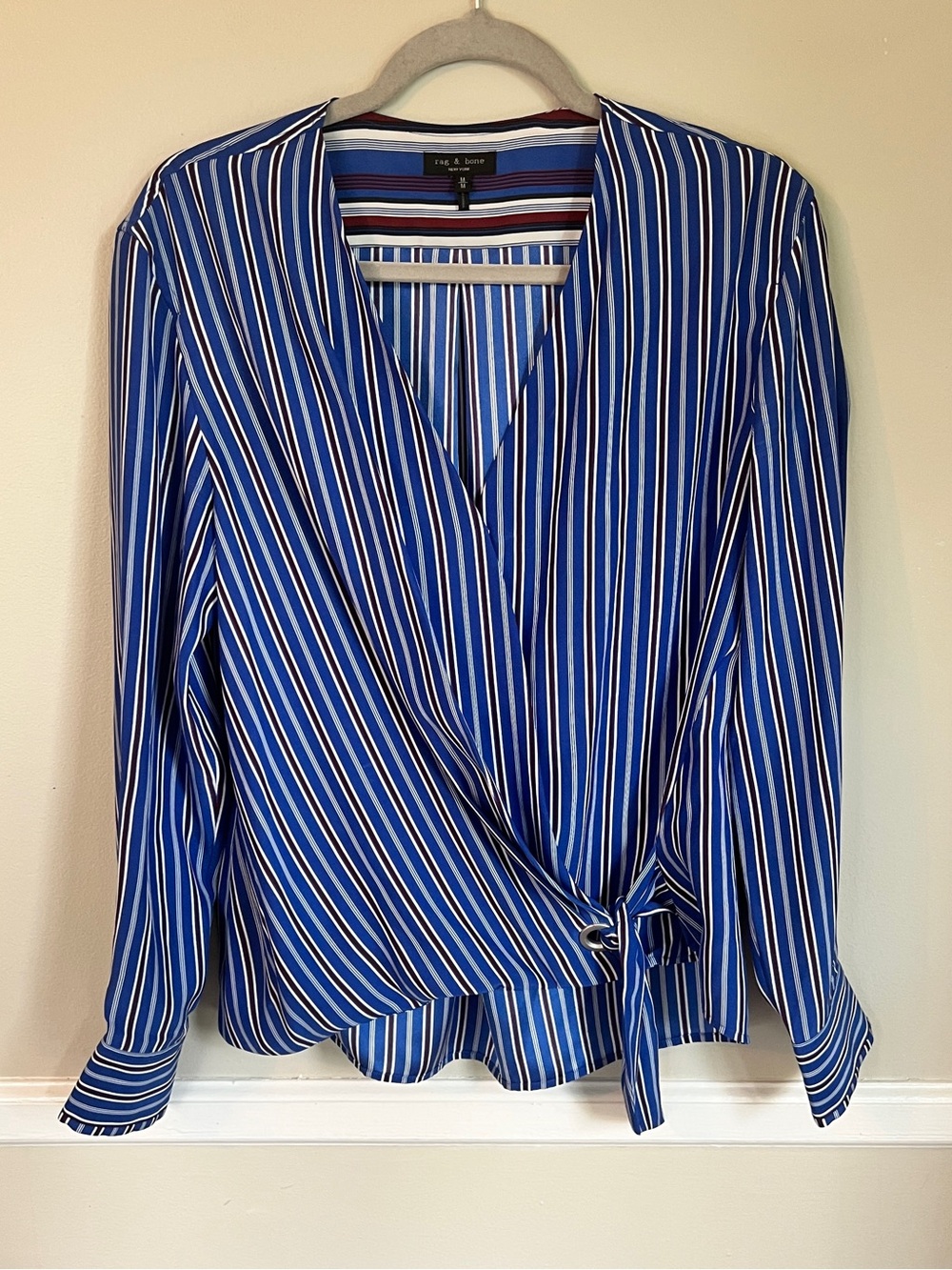 rag & bone Royal Blue and White Striped Wrap 100% silk Blouse